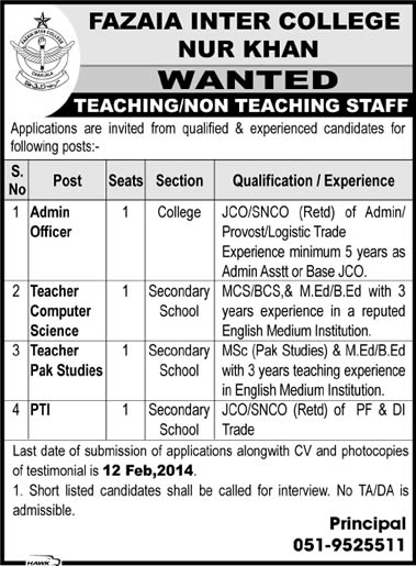 Fazaia Inter College Nur Khan Chaklala Rawalpindi Jobs 2014 February ...